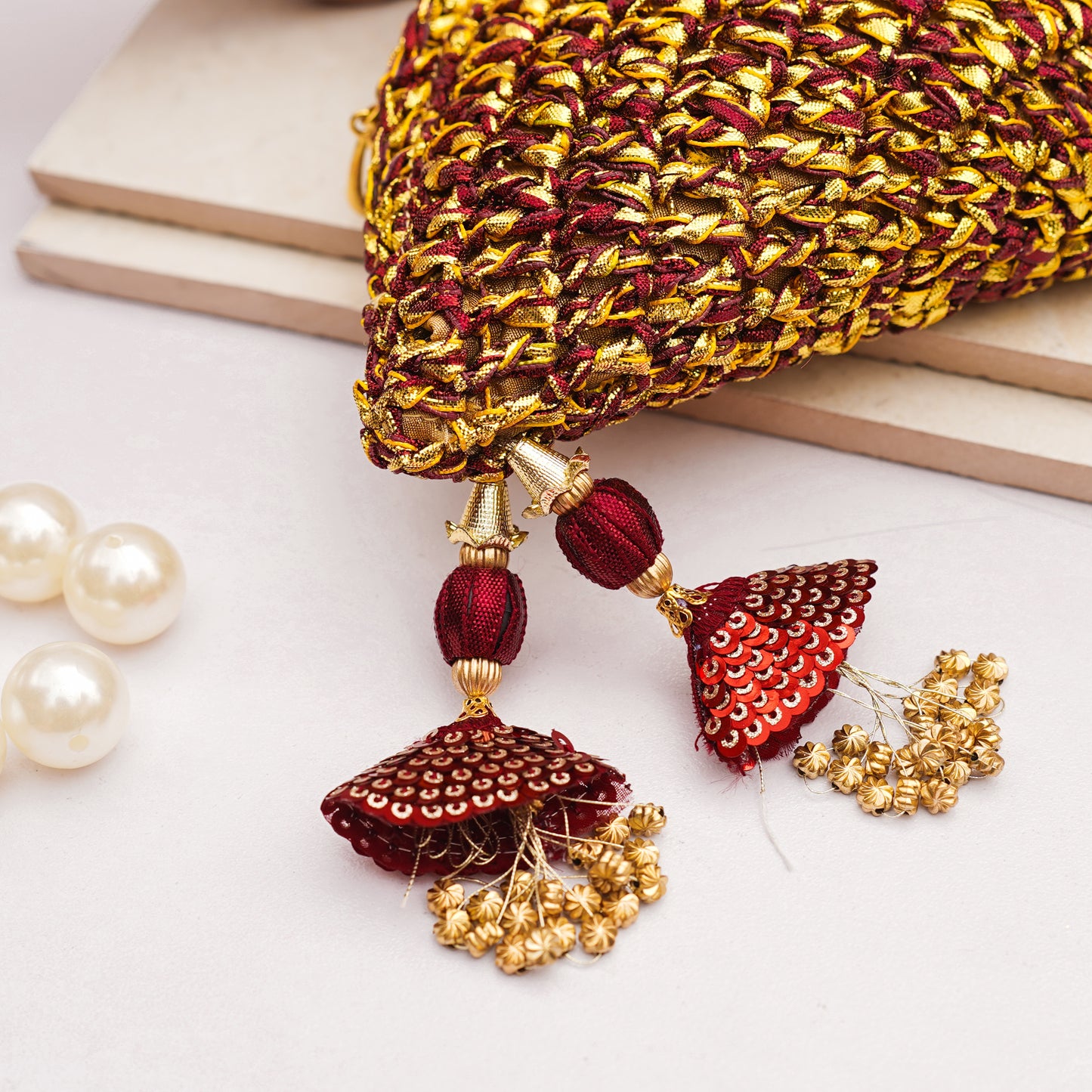 Golden/Maroon Gota Handbag