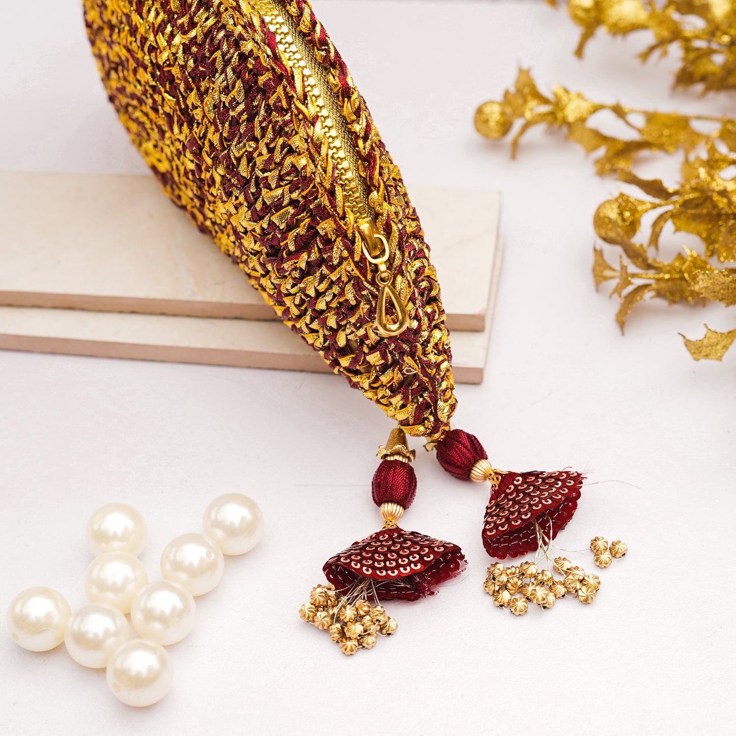 Golden/Maroon Gota Handbag